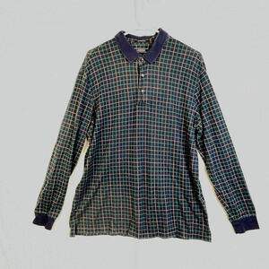 Landss End Flannel Polo Shirt Men Large Green Blue Cotton long sleeves Work